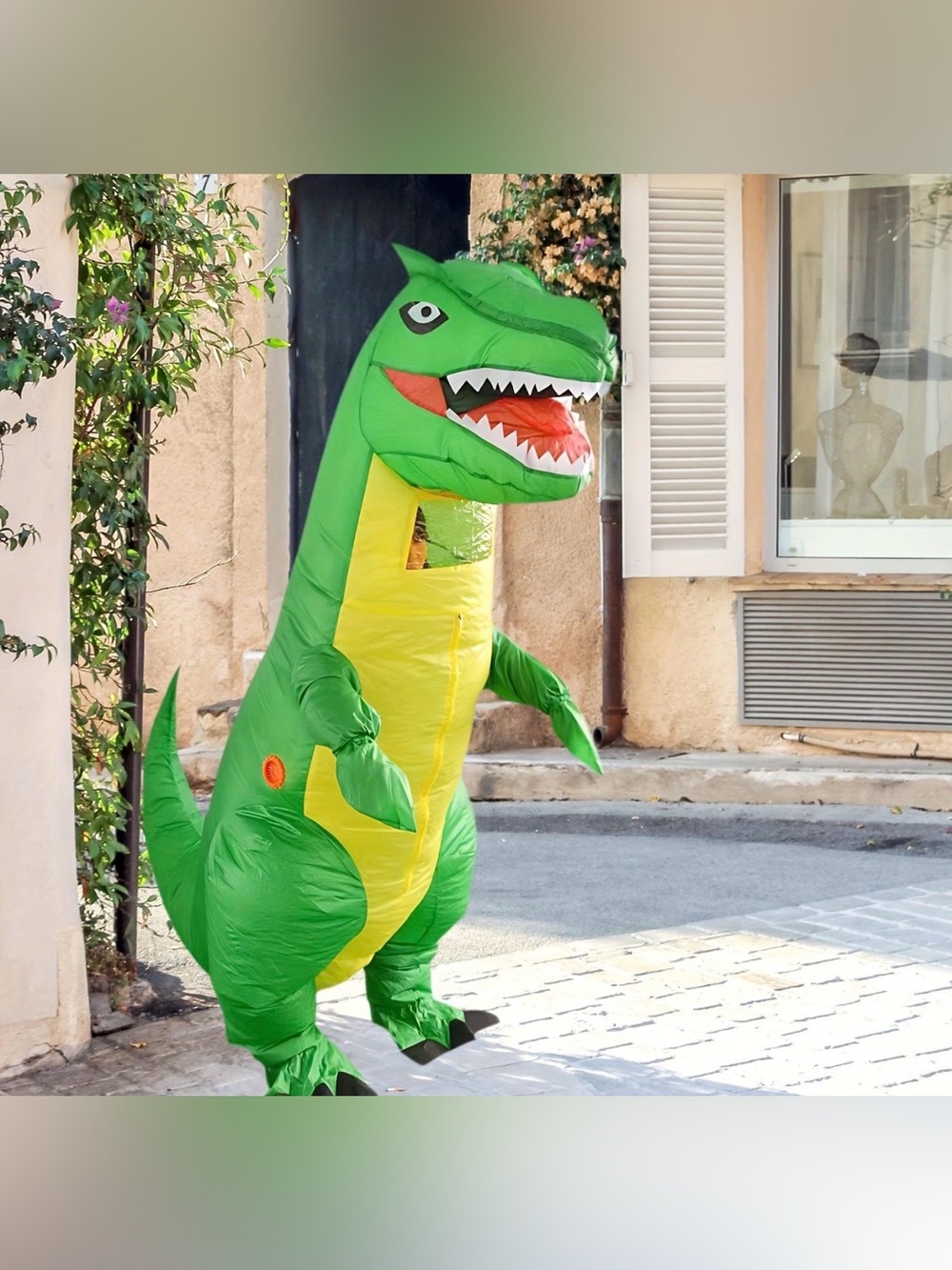 S&T Inflatable T-Rex Dinosaur Halloween Costume Green Yellow w/ Blower Fan
